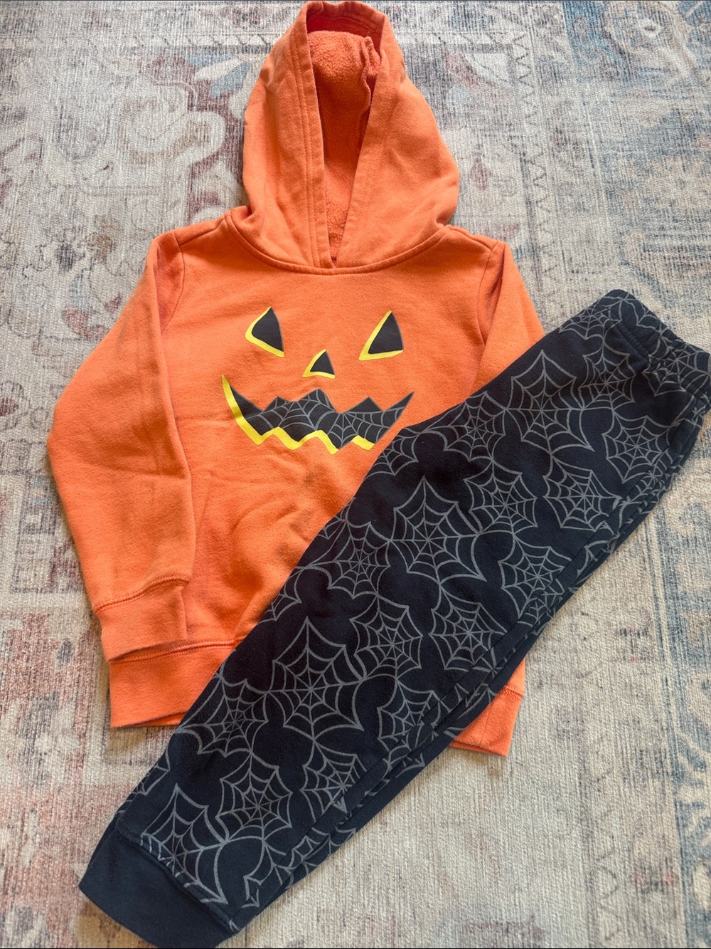 Cat & Jack Orange Pumpkin Hoodie with Black Spiderweb Joggers